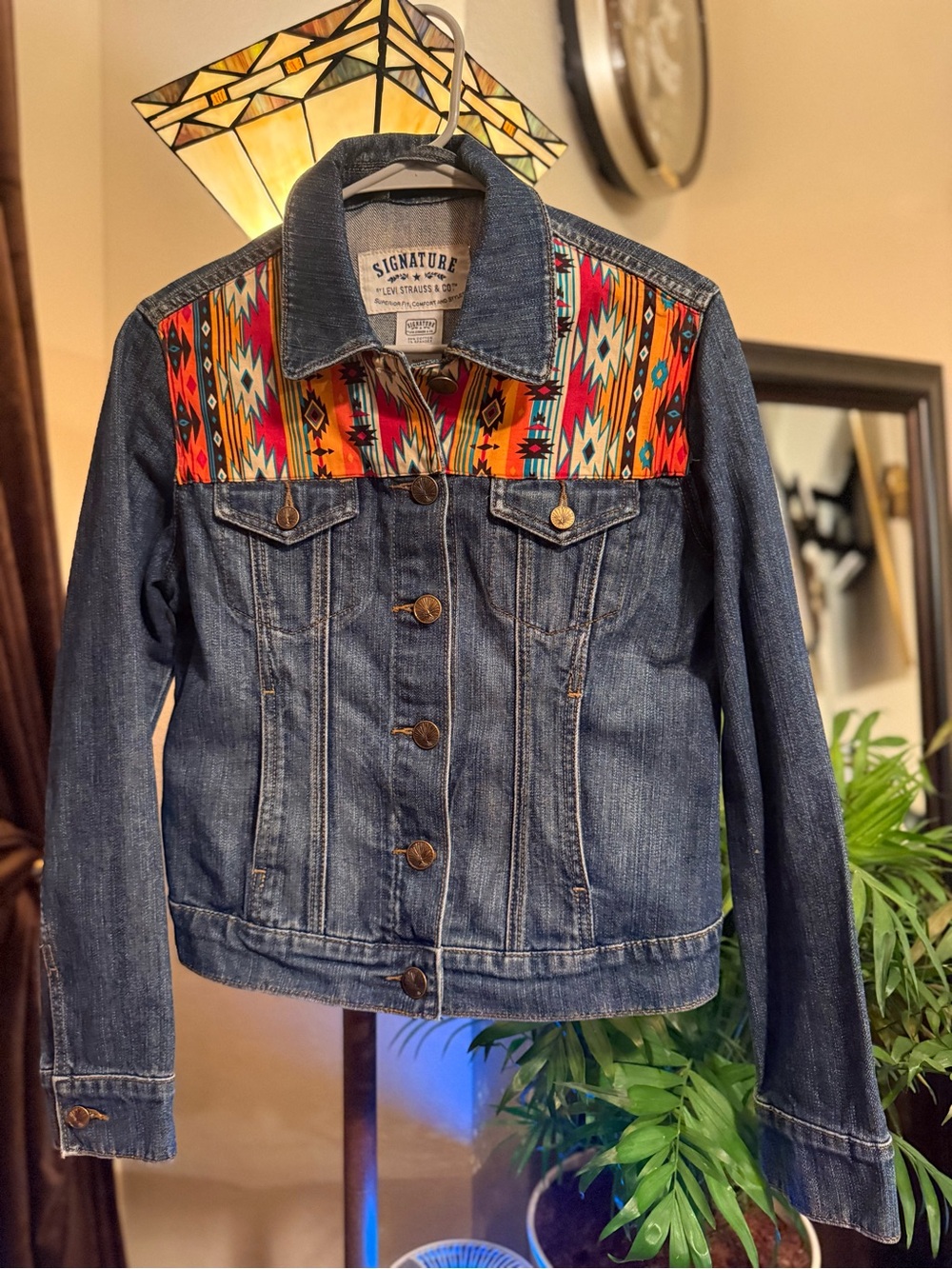 Signature by Levi Strauss Blue Denim Jacket with Southwestern Aztec Panels - Picture 2 of 7